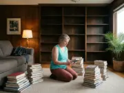 The Bookshelf Setup Organizers Keep Coming Back To Woman sorting books into stacks on the floor while organizing a bookshelf in a living room