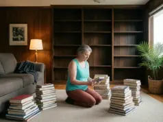 The Bookshelf Setup Organizers Keep Coming Back To Woman sorting books into stacks on the floor while organizing a bookshelf in a living room