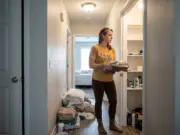 How to Organize a Linen Closet That Stays Neat Woman mid-project organizing a narrow hallway linen closet, folded towels stacked on the floor beside her