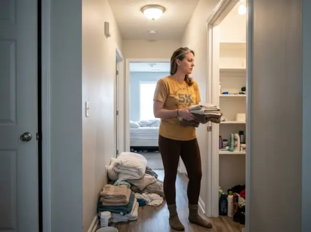 Woman mid-project organizing a narrow hallway linen closet, folded towels stacked on the floor beside her