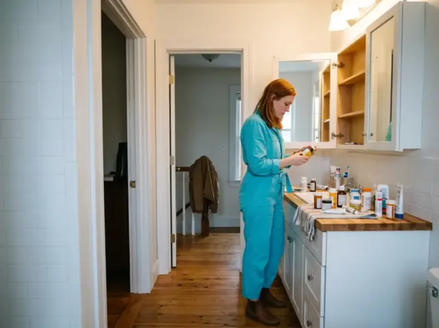 Woman mid-way through organizing a medicine cabinet, bottles sorted in piles on a towel across the counter
