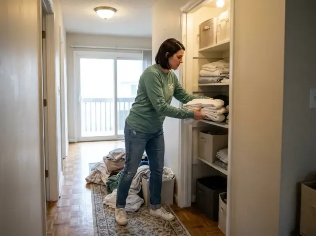 Woman restacking folded towels in a narrow hallway linen closet during a weekend reset
