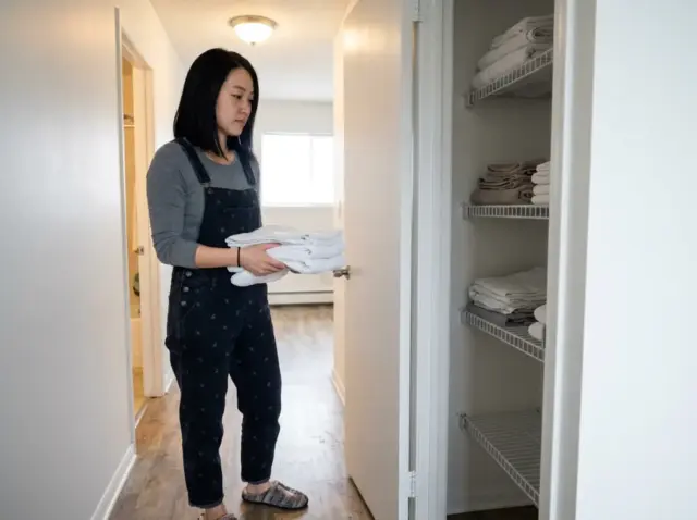 Woman sorting folded towels on the wire shelves of a narrow rental linen closet