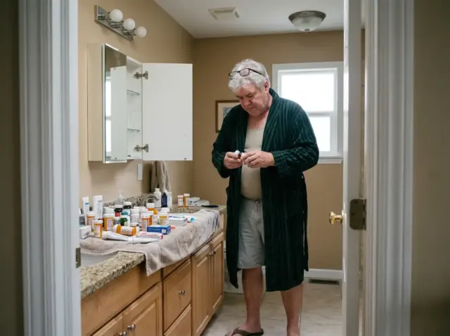 0-medicine-cabinet-organization-emptying-shelves-onto-counter Man sorting medicine cabinet contents on a bathroom counter during a medicine cabinet organization clean-out