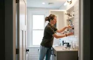Medicine Cabinet Organization Ideas That Survive Steam Woman sorting a slim organizer into an open mirrored medicine cabinet, one of several medicine cabinet organization ideas