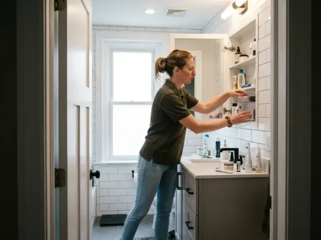 Woman sorting a slim organizer into an open mirrored medicine cabinet, one of several medicine cabinet organization ideas