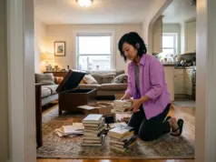 Out of Shelf Space? Organize Books in a Small Apartment Woman sorting book stacks on the living room floor of a small apartment with no bookshelf