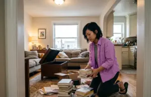 Out of Shelf Space? Organize Books in a Small Apartment Woman sorting book stacks on the living room floor of a small apartment with no bookshelf