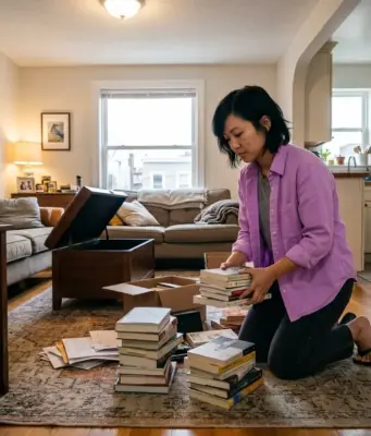 Out of Shelf Space? Organize Books in a Small Apartment Woman sorting book stacks on the living room floor of a small apartment with no bookshelf