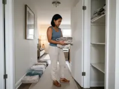 Why Your Small Linen Closet Fills Up Again in Weeks Woman sorting towel stacks in front of a narrow hallway linen closet during a small linen closet organization reset