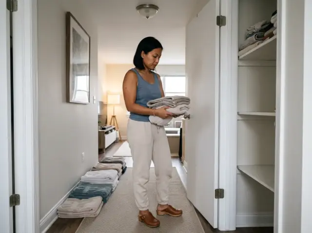 Woman sorting towel stacks in front of a narrow hallway linen closet during a small linen closet organization reset