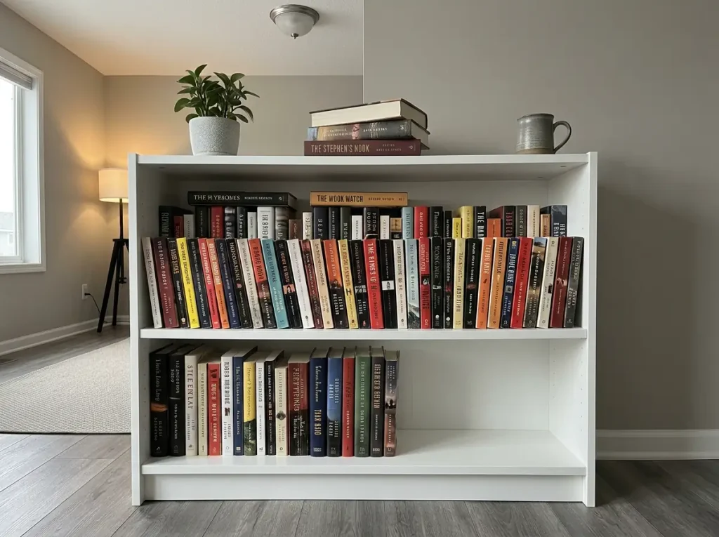 How to Organize a Bookshelf That Stays That Way 1 Overloaded bookshelf with a second row of paperbacks wedged in front of the first row