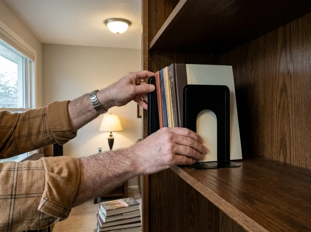 Half-empty bookshelf after a cull with metal tree bookends holding the remaining books upright