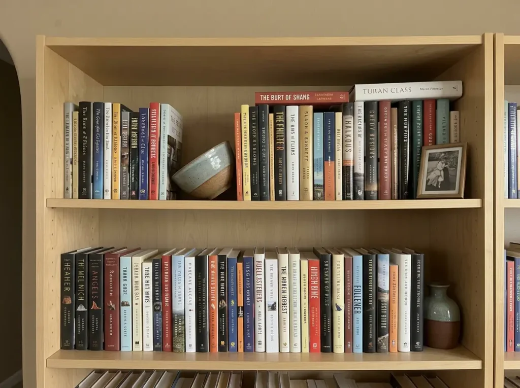 Bookcase shelf packed with books and decorative objects wedged into the gaps between them