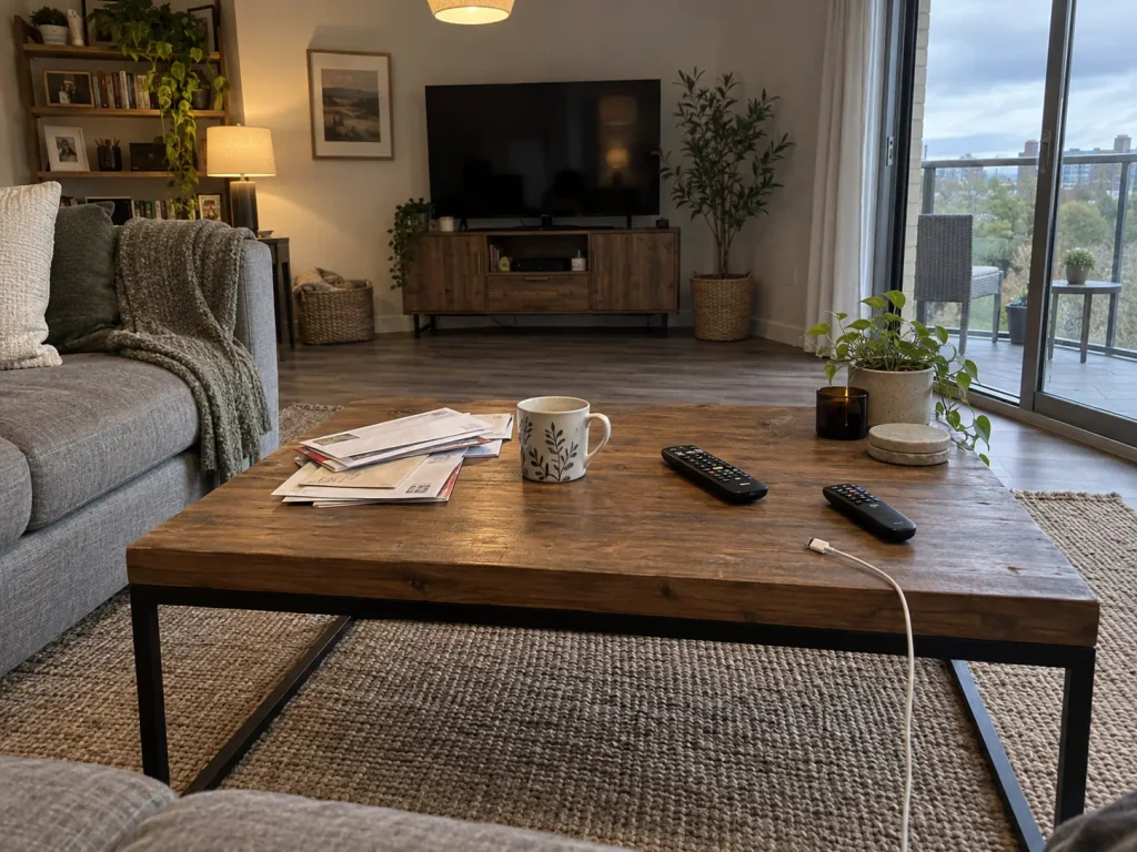Coffee Table Organization That Survives Real Life 1 Coffee table collecting mail, remotes and a charger cable three days after being cleared