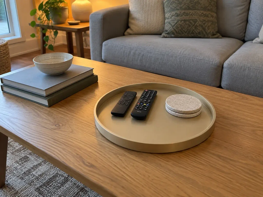 Round gold coffee table tray holding remotes and coasters beside a short stack of books