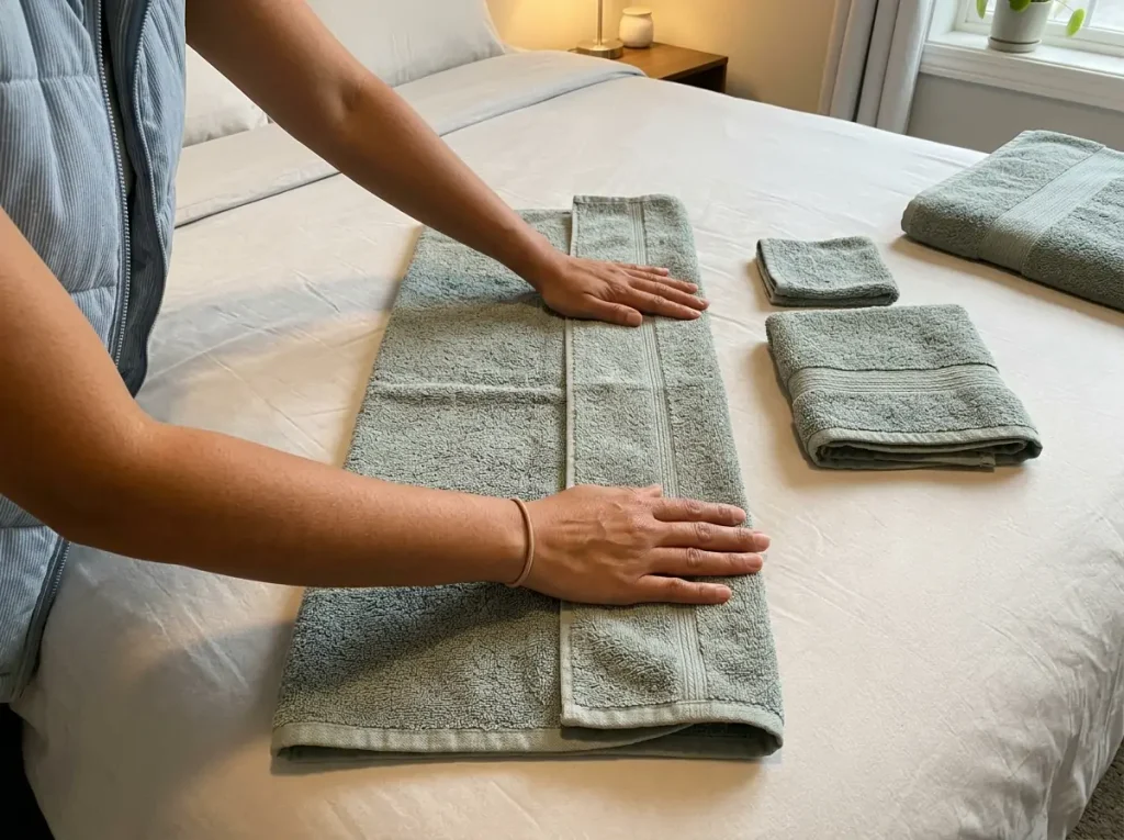 How to Fold Towels for a Linen Closet Without Collapse 1 Hands folding a bath towel lengthwise into thirds on a bed in a small starter home