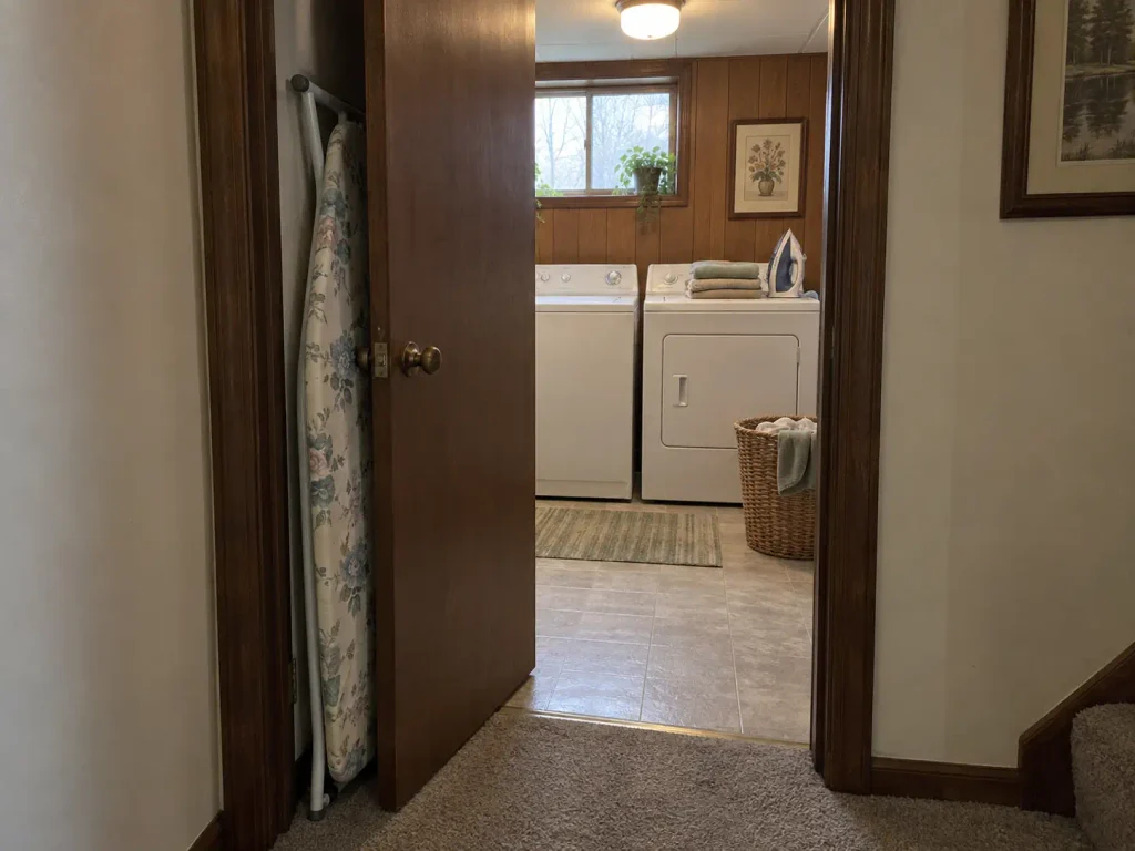 Folded ironing board leaned behind a laundry room door, the problem that ironing station organization fixes