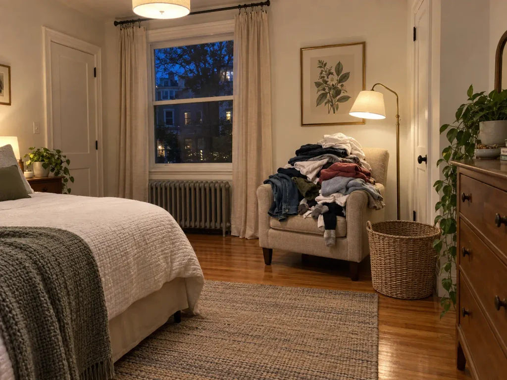 Bedroom armchair piled with clean unfolded laundry, the pile that forms when a laundry routine skips the fold