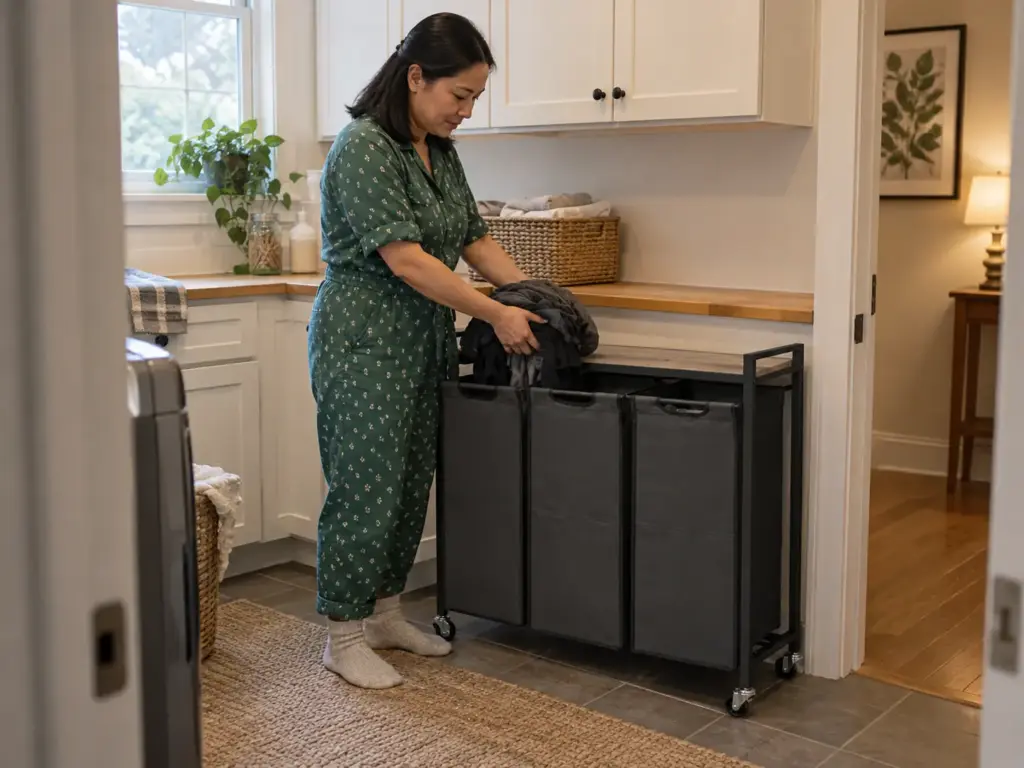 Woman loading darks into a three-section laundry sorter in a farmhouse-style laundry room