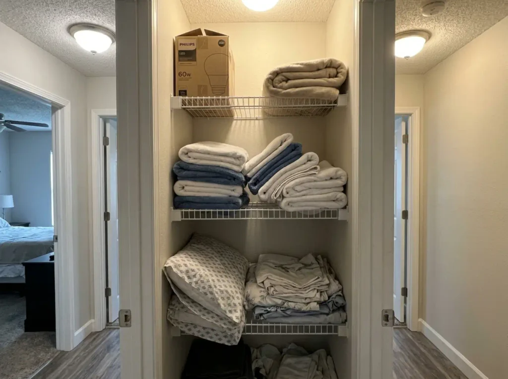 Linen closet with collapsed towel stacks leaning into each other and loose pillowcases on the shelf