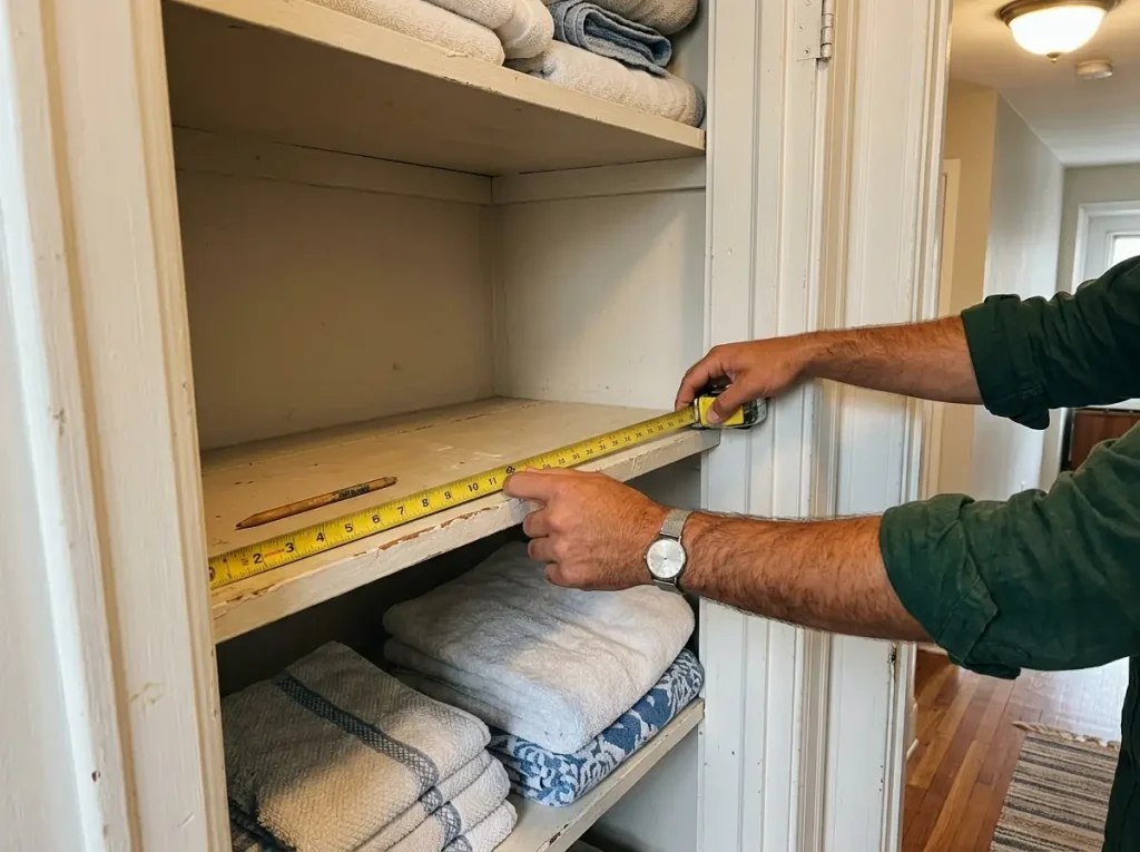Hands measuring the depth of a shallow linen closet shelf with a retractable tape measure