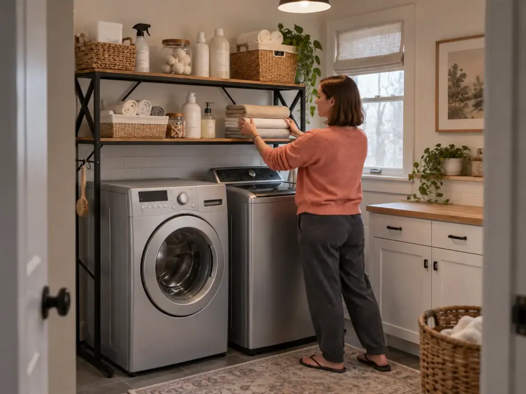 Over washer and dryer storage shelf above a side-by-side top-load pair in a renovated laundry room