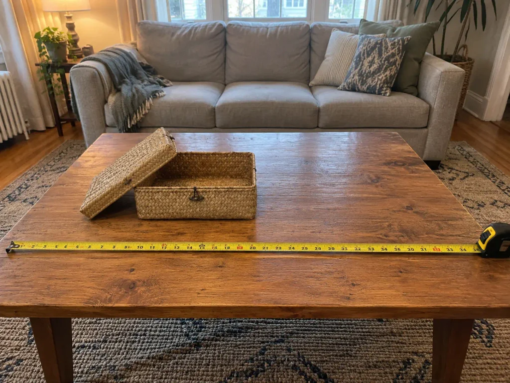 Tape measure across a bare coffee table beside a nesting seagrass basket set, sizing a basket to the surface