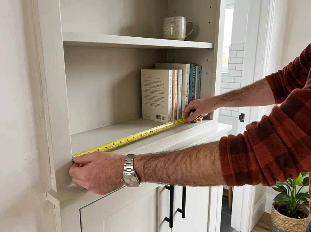 Best Bookshelves for Small Spaces That Won't Sag 1 Hands holding a tape measure across the front edge of a shallow bookshelf beside stacked paperbacks