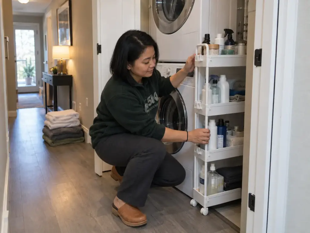 Woman rolling a slim storage cart out of the gap beside a stacked washer and dryer in a small laundry closet