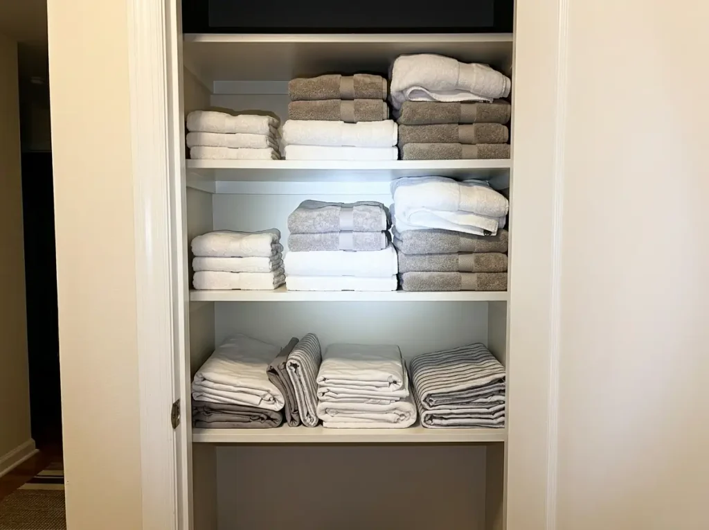 Overpacked linen closet shelves with towel stacks pressed to the shelf above, showing why a small linen closet refills