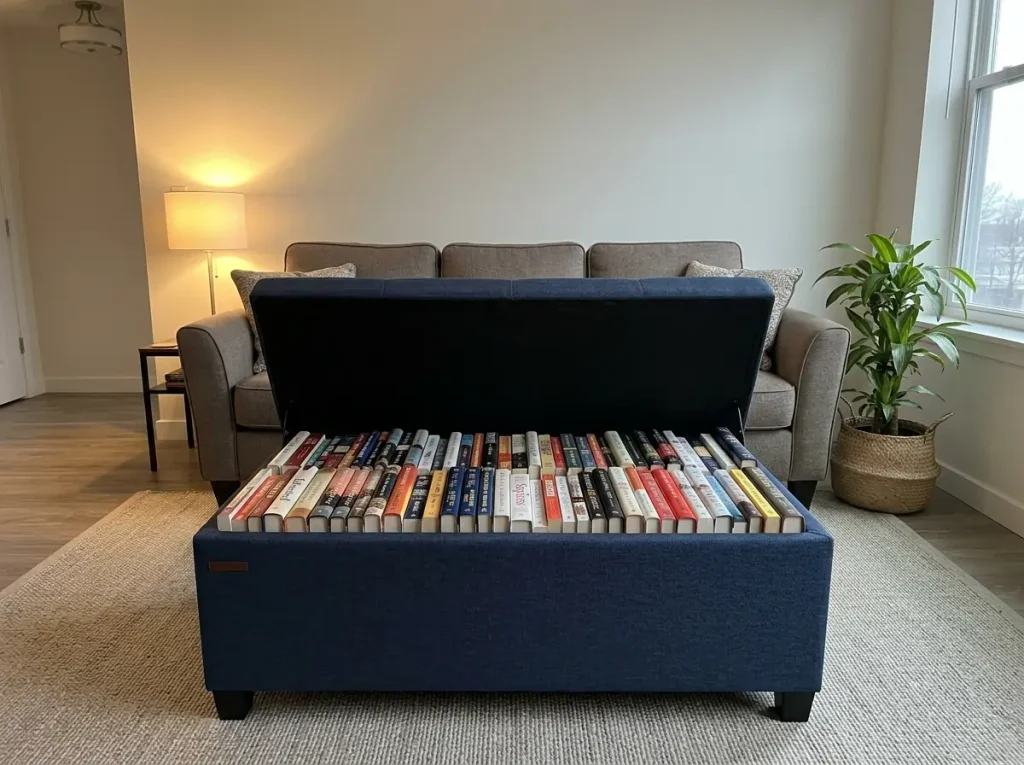 Out of Shelf Space? Organize Books in a Small Apartment 1 Open storage ottoman filled with books in a small apartment living room