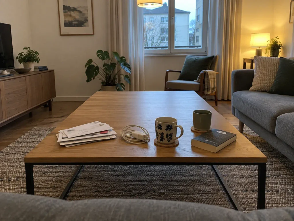 Coffee table three days after being cleared, with mail, a charger and two mugs collected on one end