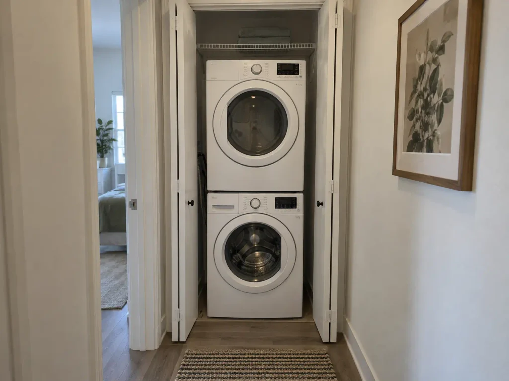 Stacked washer and dryer in a narrow apartment hallway closet with bifold doors open
