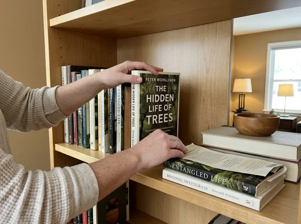 Hands setting a hardcover book face-out against the back of a bookshelf beside its removed dust jacket