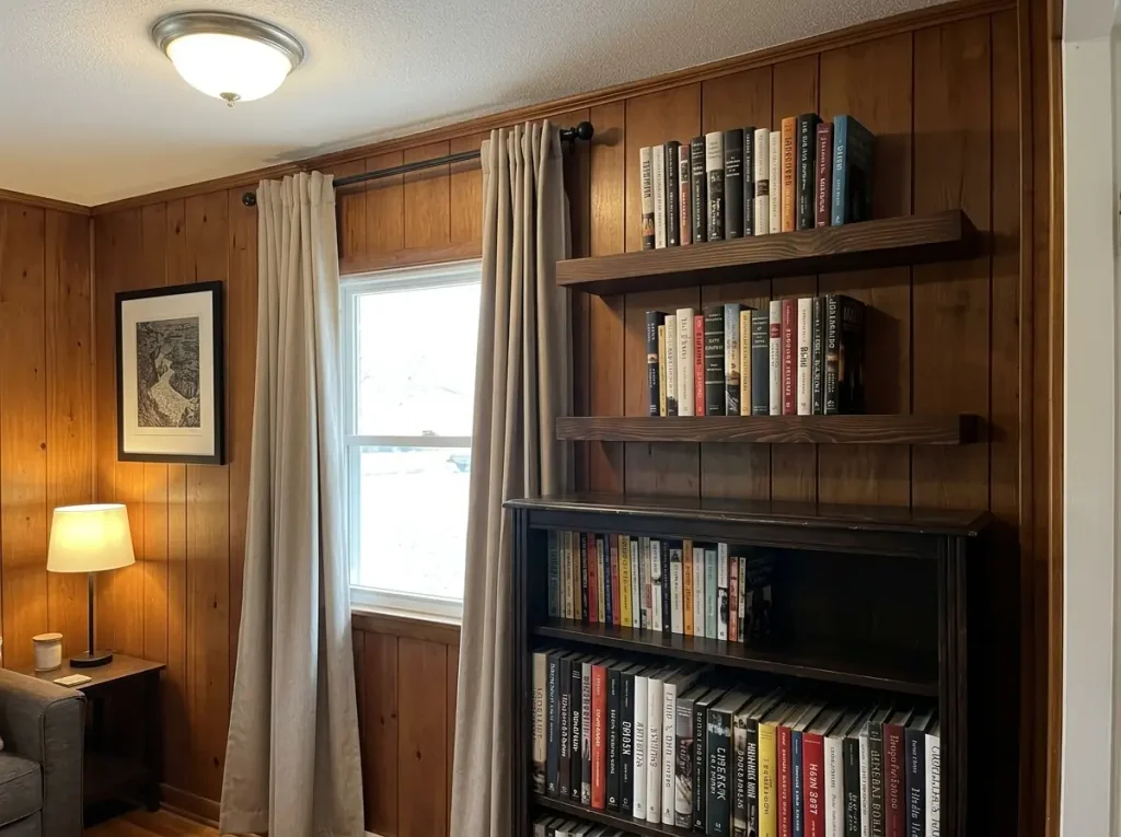 Solid pine floating shelves holding hardcover books above a loaded bookcase in a panelled living room