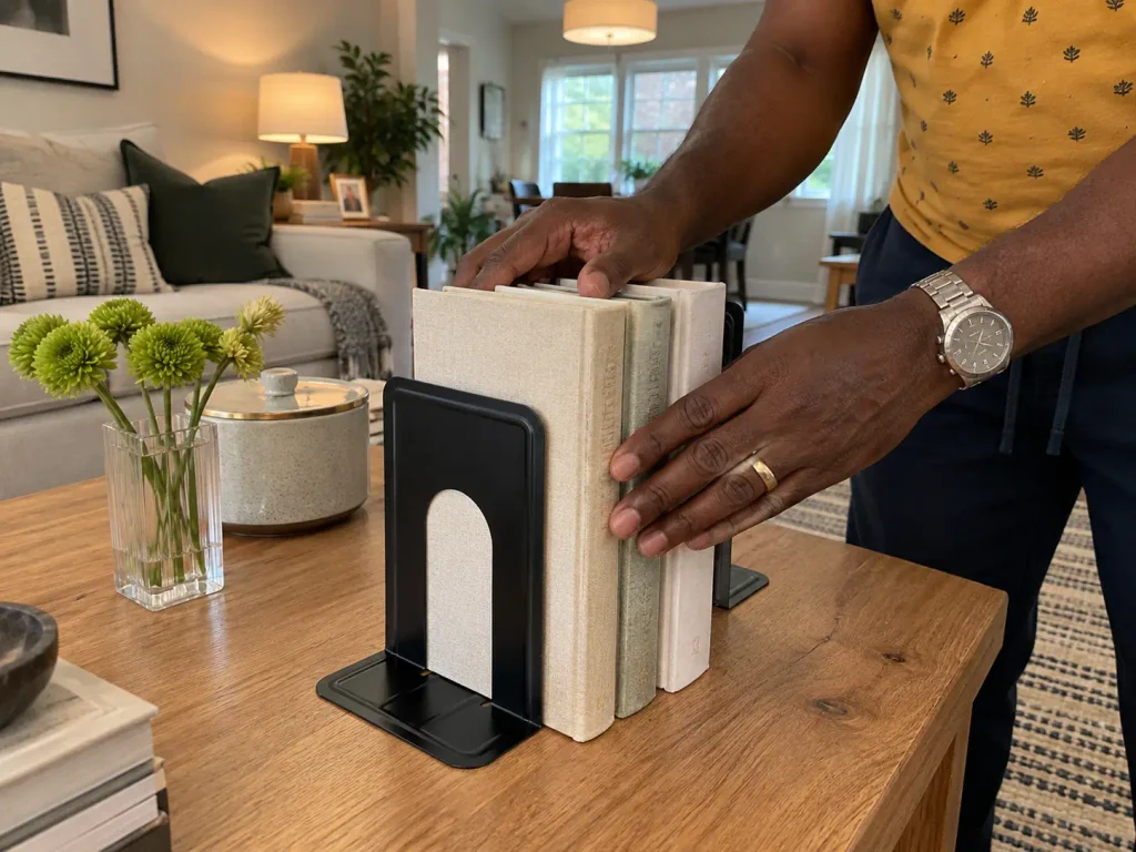 Hands squaring a short stack of books between metal bookends on a coffee table