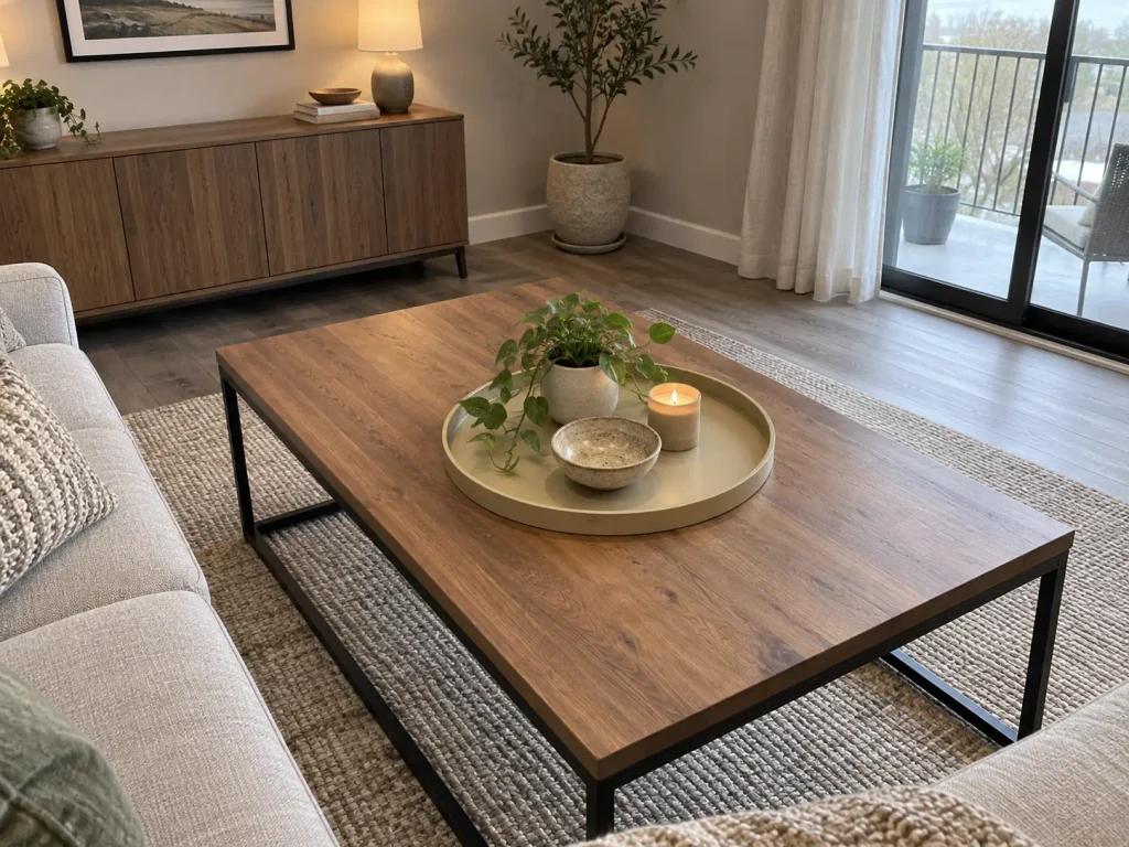 Coffee Table Organization That Survives Real Life 2 Round gold tray covering about a third of a coffee table with the outer rim left bare