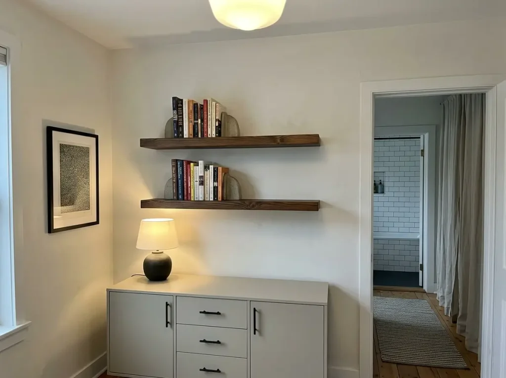 Best Bookshelves for Small Spaces That Won't Sag 2 Solid pine floating shelves mounted on a wall holding books above a sideboard in a small living room