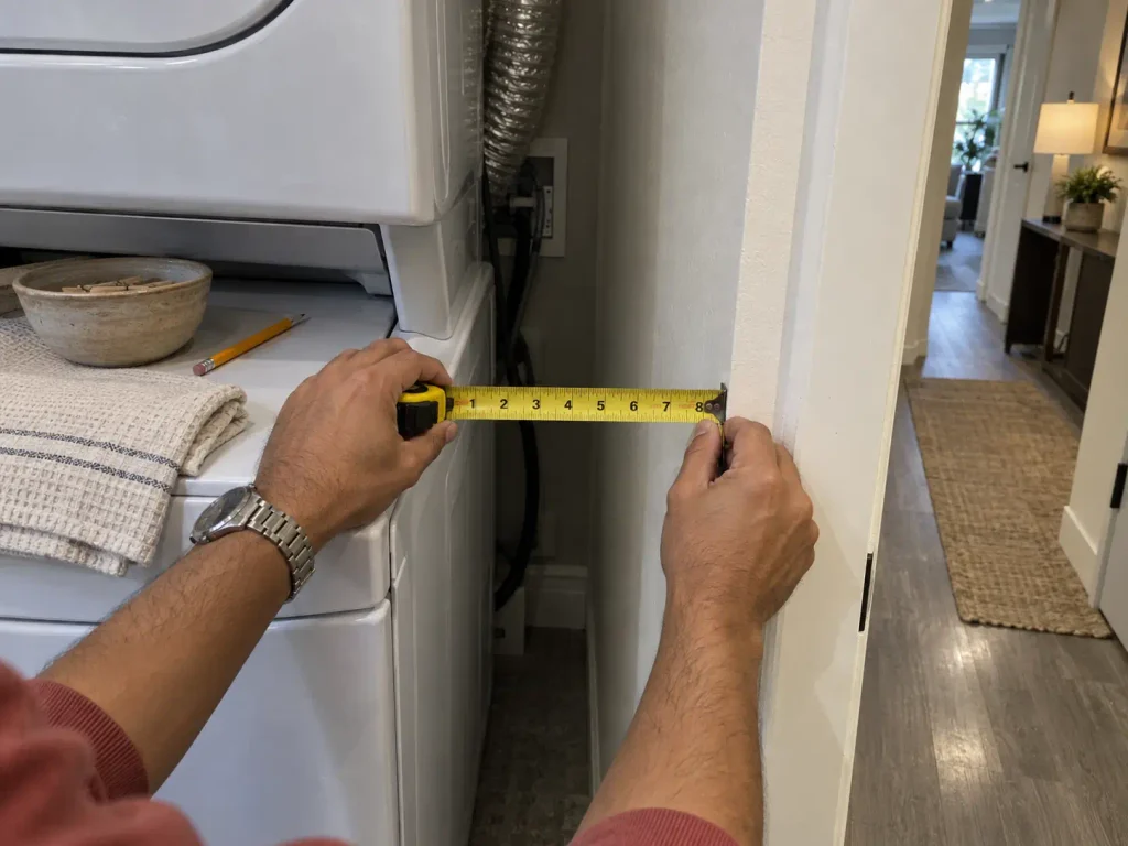 Tape measure pulled across the narrow gap between a stacked dryer and the laundry closet wall