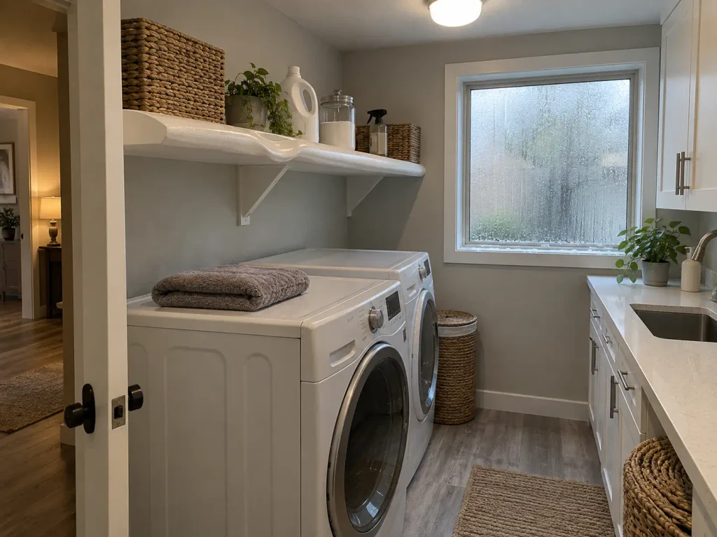 Close view of a laundry room wall above the dryer with condensation on the window and a swollen shelf edge