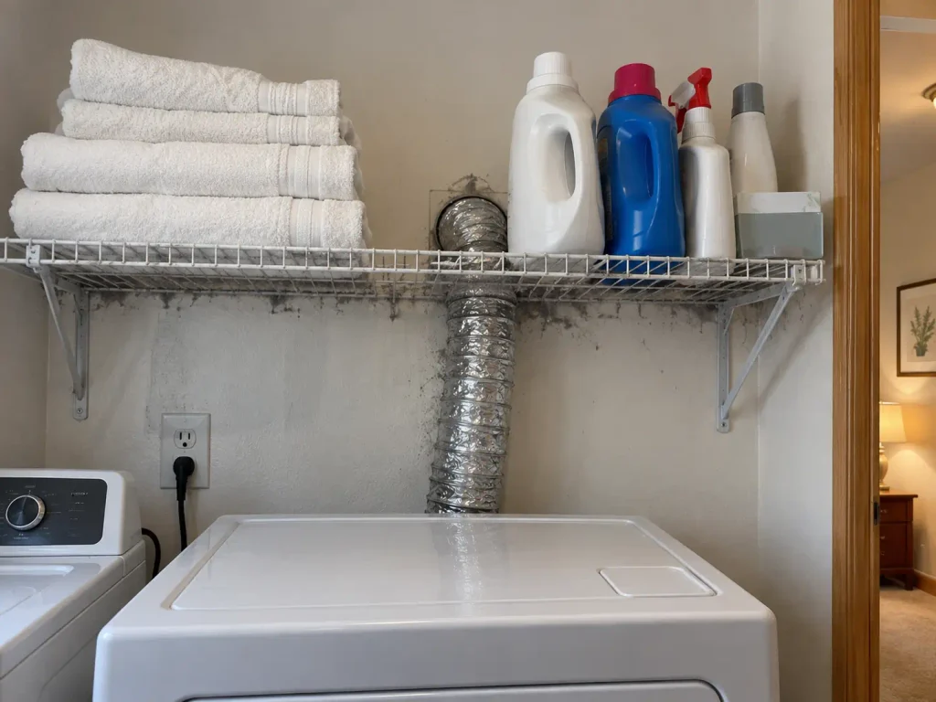Wire shelf above a dryer with folded towels, showing where laundry room humidity reaches storage