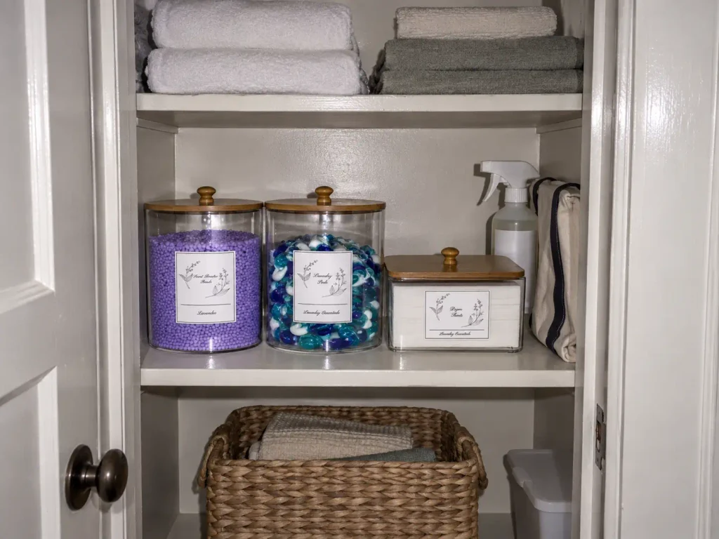 Laundry supplies in lidded containers on a closet shelf, stocked in one spot so the laundry routine never stalls