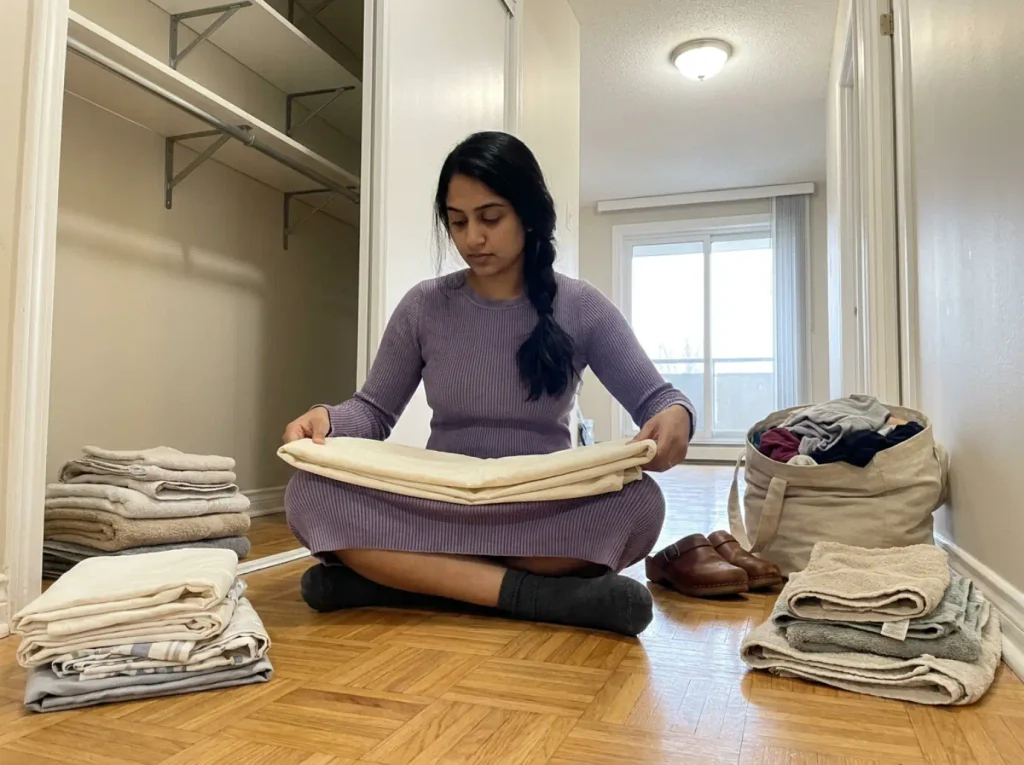 Sheets and towels sorted into piles on a hallway floor beside an emptied linen closet