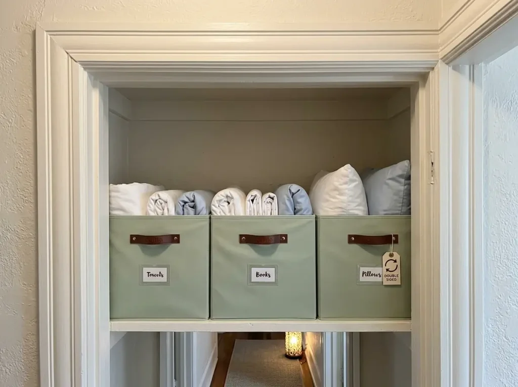Open-top fabric storage bins lined up on an eye-level linen closet shelf holding folded sheets