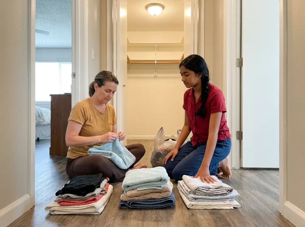 Two people sorting towels and sheet sets into keep and donate piles on a hallway floor