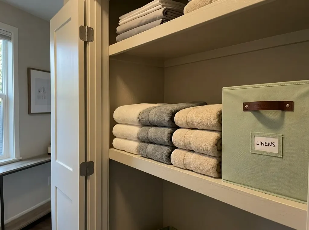 How to Fold Towels for a Linen Closet Without Collapse 2 Linen closet shelf with towel stacks divided into narrow columns beside a labeled fabric bin