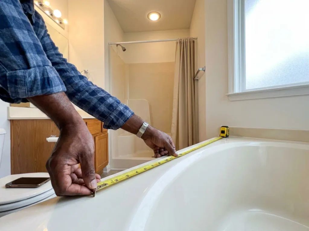 Hands stretching a tape measure across the outside width of a bathtub rim before buying a caddy