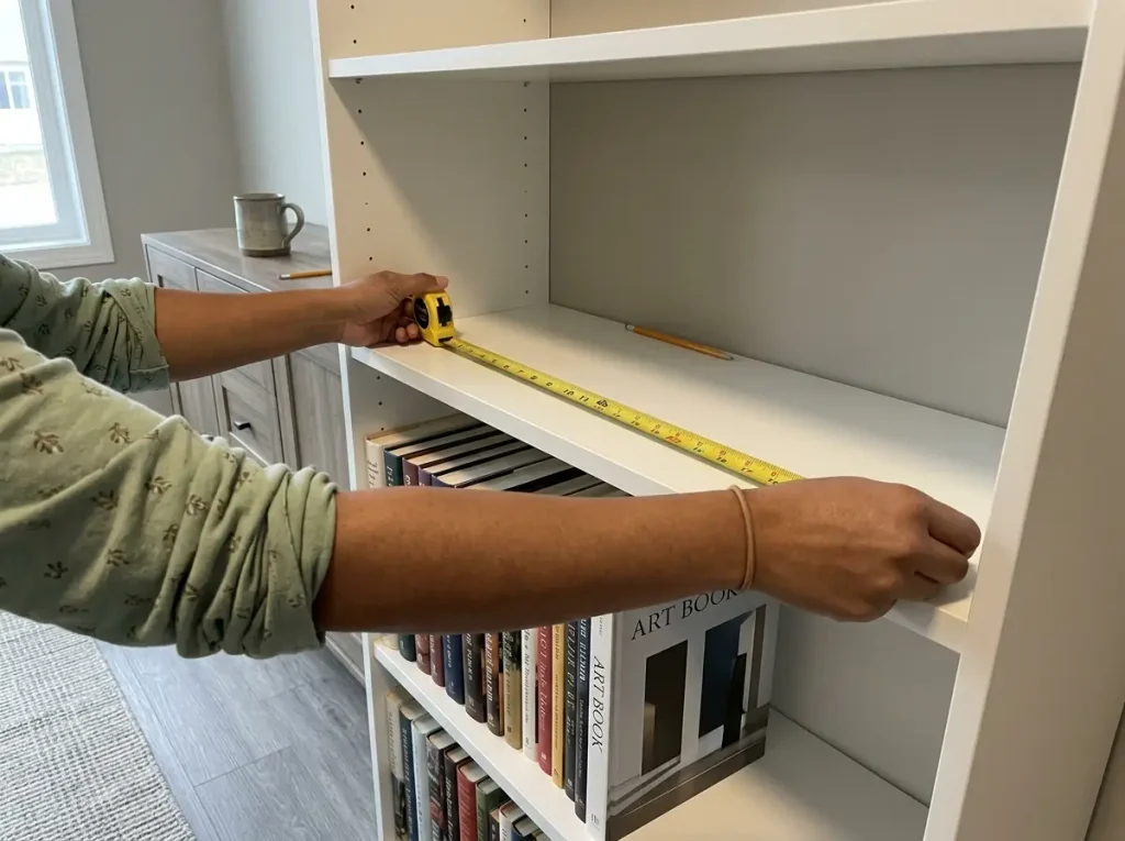 How to Organize a Bookshelf That Stays That Way 2 Hands measuring the depth of an empty bookshelf shelf with a yellow tape measure