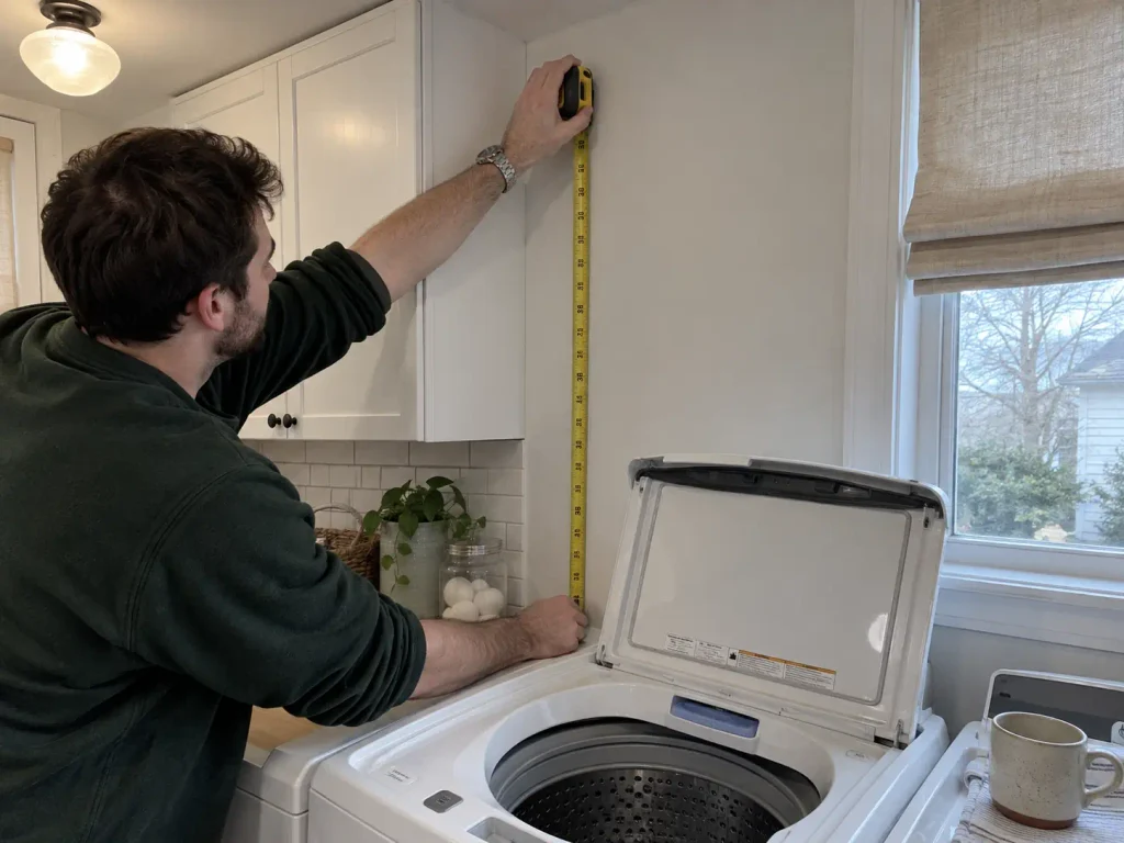 Over Washer and Dryer Storage That Clears the Lid 1 Tape measure held against the wall above an open top-load washer lid to check shelf clearance